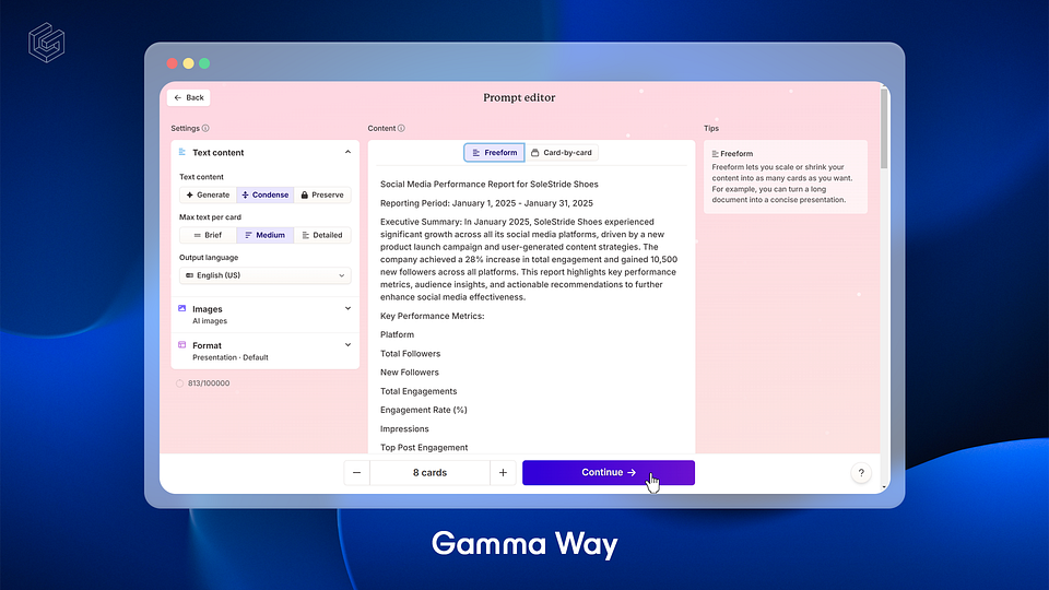 Редактор запроса Gamma с исходным текстом и настройками презентации